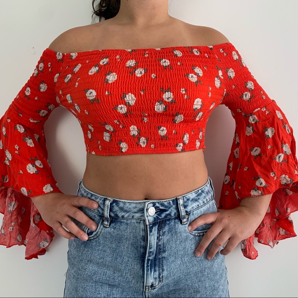 Red floral crop top with flowy arms